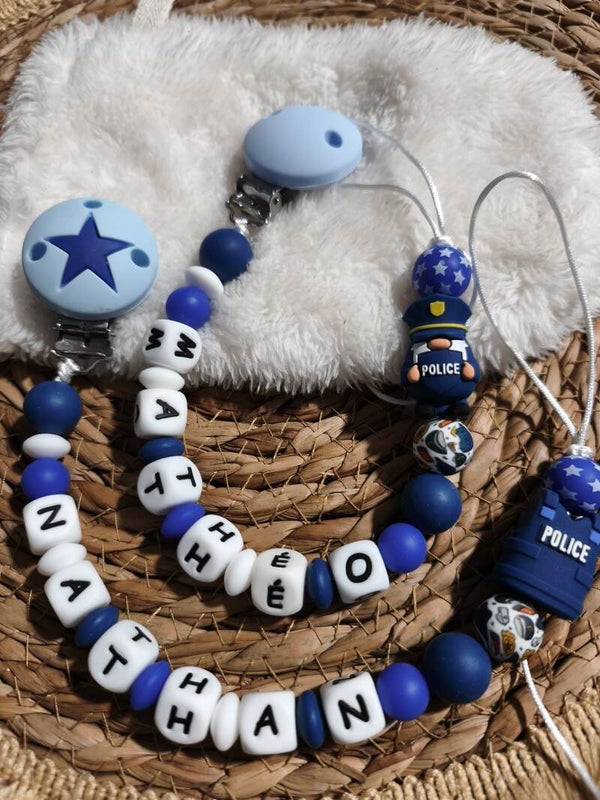 Attache tétine policier, attache sucette policier, pacifier clip, Schnullerclip, attache tétine personnalisée prénom, attache stylos personnalisé infirmière infirmier,