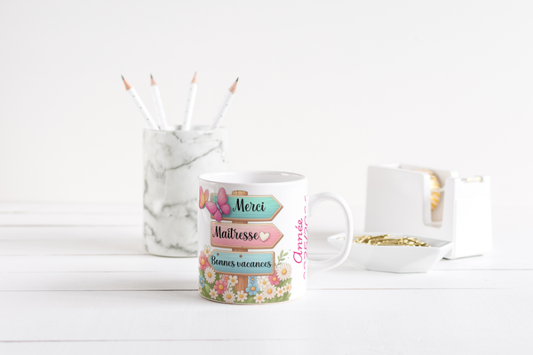 Mug fin d'année scolaire maitresse, mug AVS, mug ATSEM, mug AESH, mug directrice, mug enseignante, mug animatrice, mug institutrice,