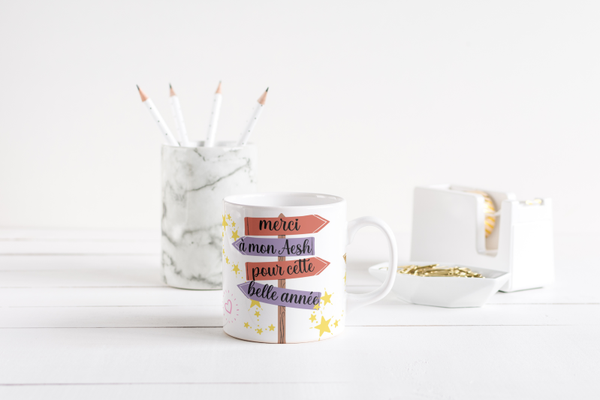 Mug fin d'année scolaire maitresse, mug nounou, mug AVS, mug ATSEM, mug AESH, mug directrice, mug enseignante, mug animatrice, mug institutrice,