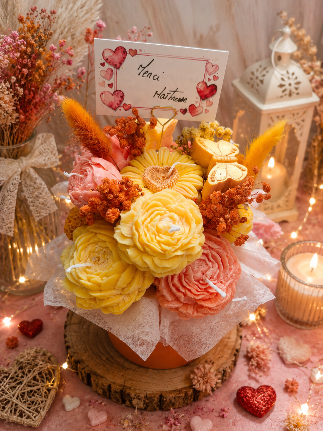 Bouquet de fleurs bougies, bougies en bouquet de fleurs, fleur décorative bougies, idée cadeau originale, cadeau fin d'année scolaire maitresse, cadeau nounou, cadeau ATSEM, cadeau AVS, cadeau AESH, décoration d'intérieur, candle
