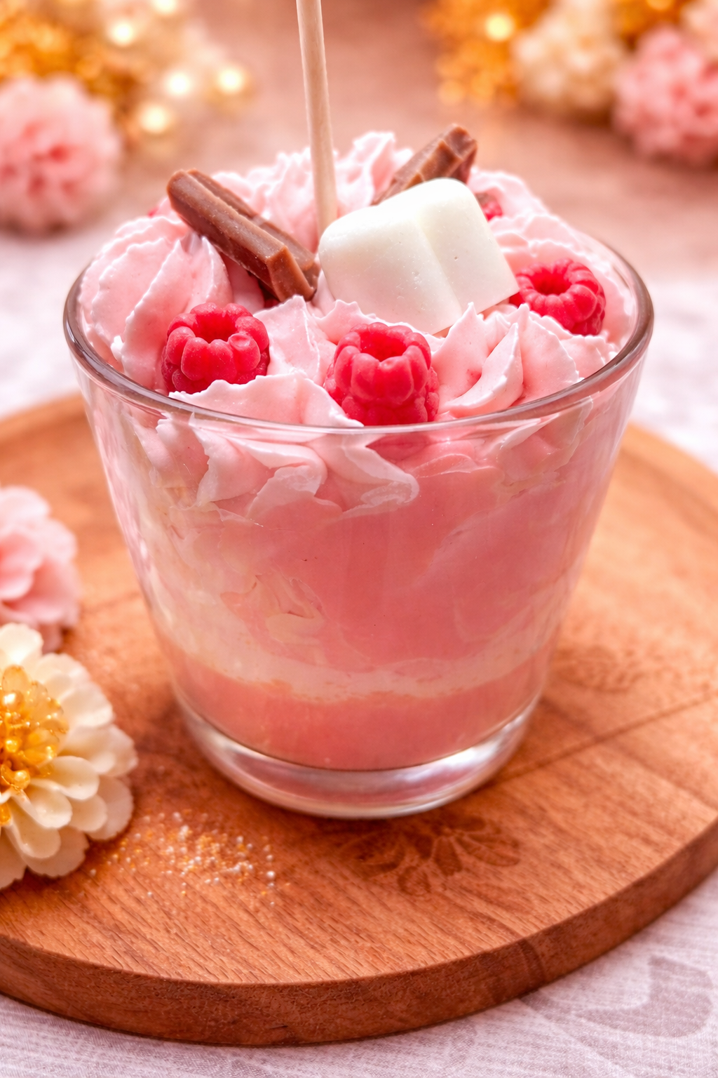 Bougie gourmande parfumée, bougie parfum framboise, bougie gourmande gâteau, bougie cire de soja, bougie naturelle, bougie chantilly, cadeau mariage, cadeau baptême, cadeau maitresse, cadeau fin d'année scolaire, cadeau secret santa