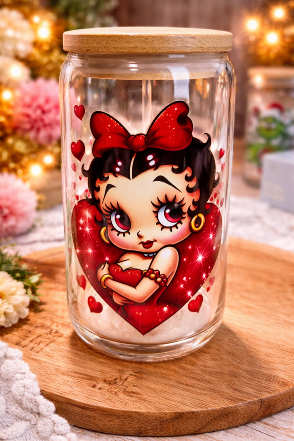 Tasse en verre avec paille betty boop, gobelet a café avec paille, verra a boire, gobelet en verre avec paille,