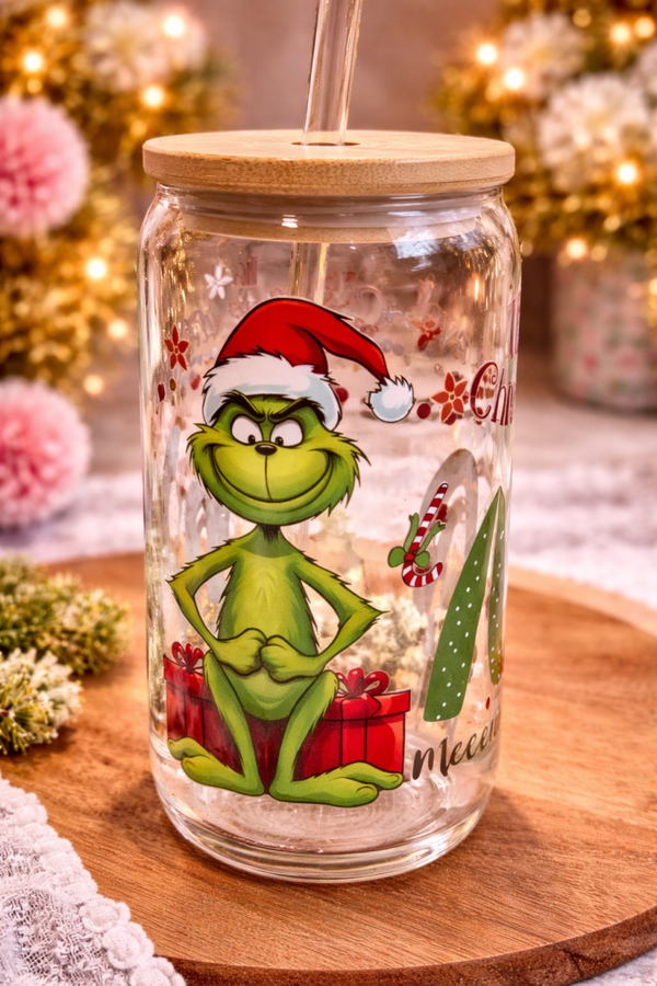 Tasse en verre avec paille grinch noël, gobelet a café avec paille, verra a boire, gobelet en verre avec paille,