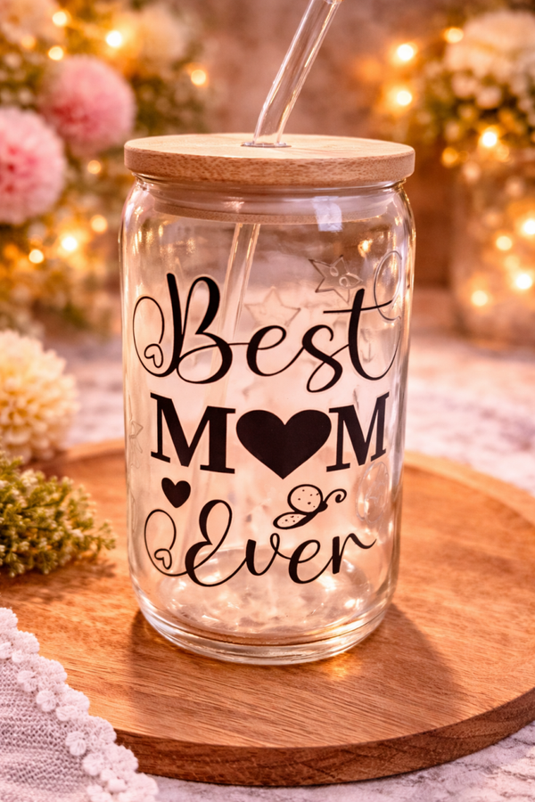 Tasse en verre avec paille BEST MOM, gobelet a café avec paille, verra a boire, gobelet en verre avec paille,
