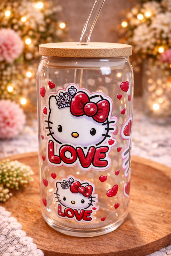 Tasse en verre avec paille hello kitty, gobelet a café avec paille, verra a boire, gobelet en verre avec paille,