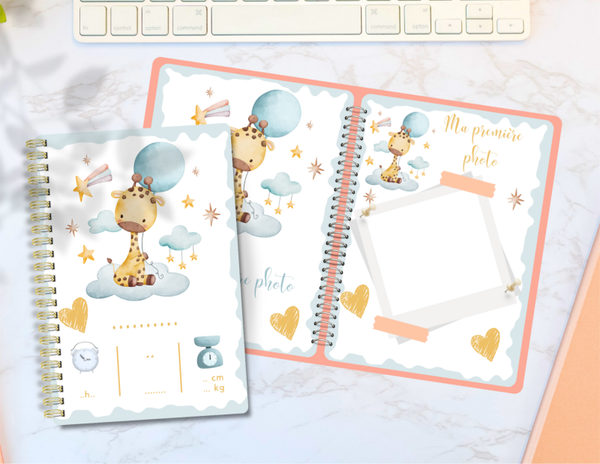 carnet de suivi naissance bébé girafe bleu