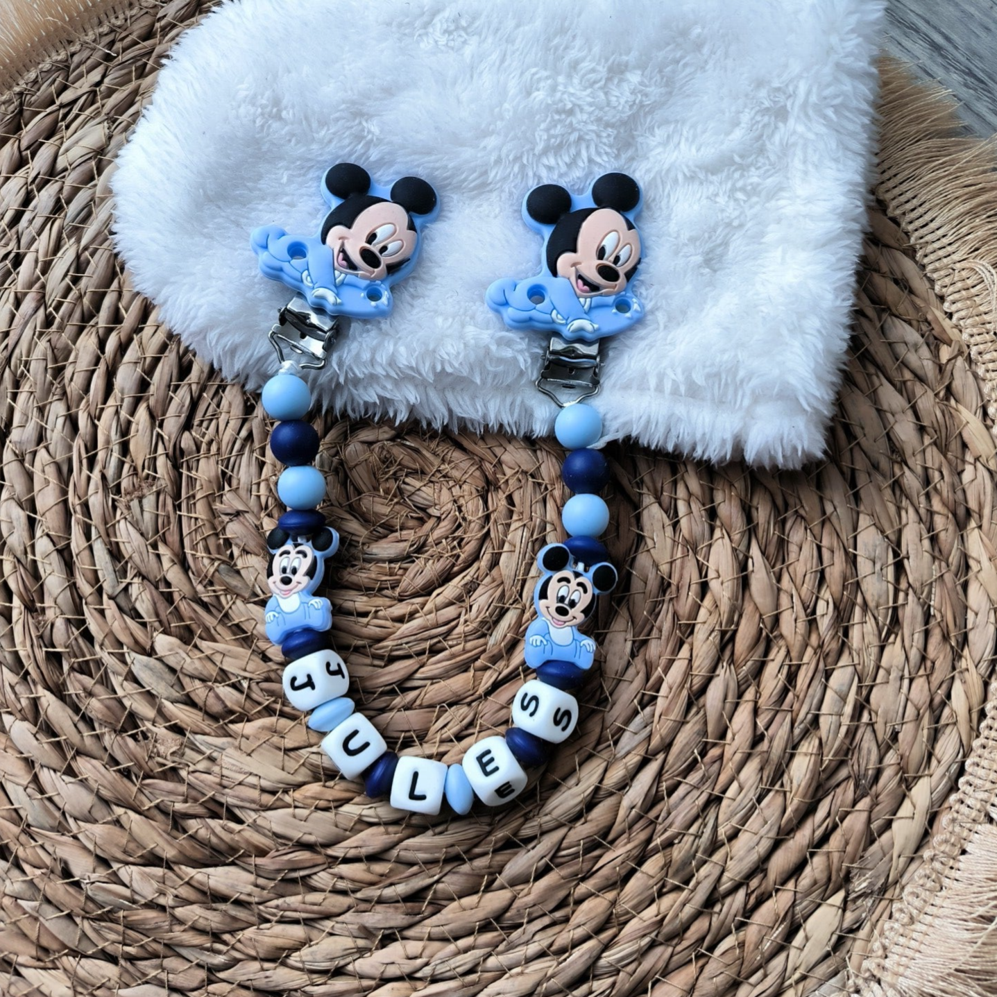 Attache doudou mickey baby bleu, personalized cuddly toy clip, personalisierter kuscheltier-Clip