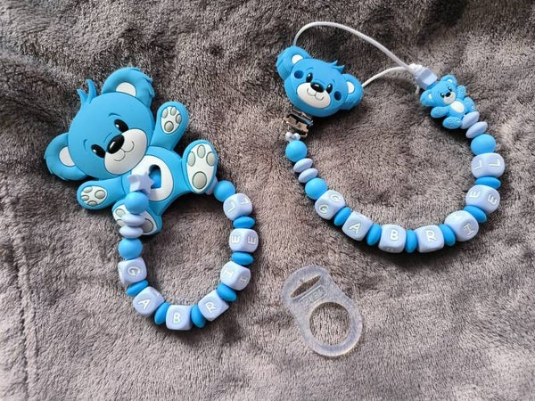 Coffret naissance ourson bleu, attache tétine avec hochet,  attache sucette avec hochet, cadeau bébé personnalisé prénom