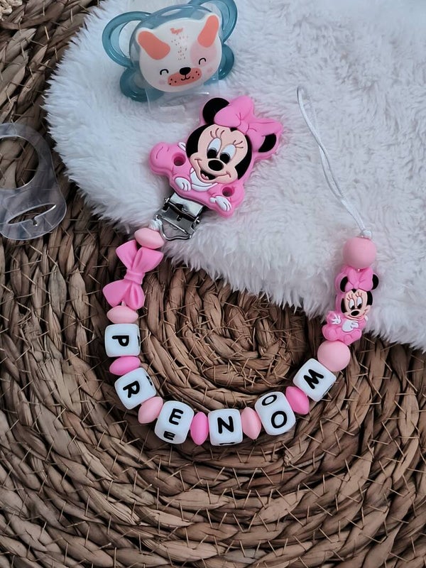 Attache tétine minnie baby rose, attache sucette mini minnie, pacifier clip, Schnullerclip, attache tétine personnalisée prénom, attache stylos personnalisé infirmière infirmier,