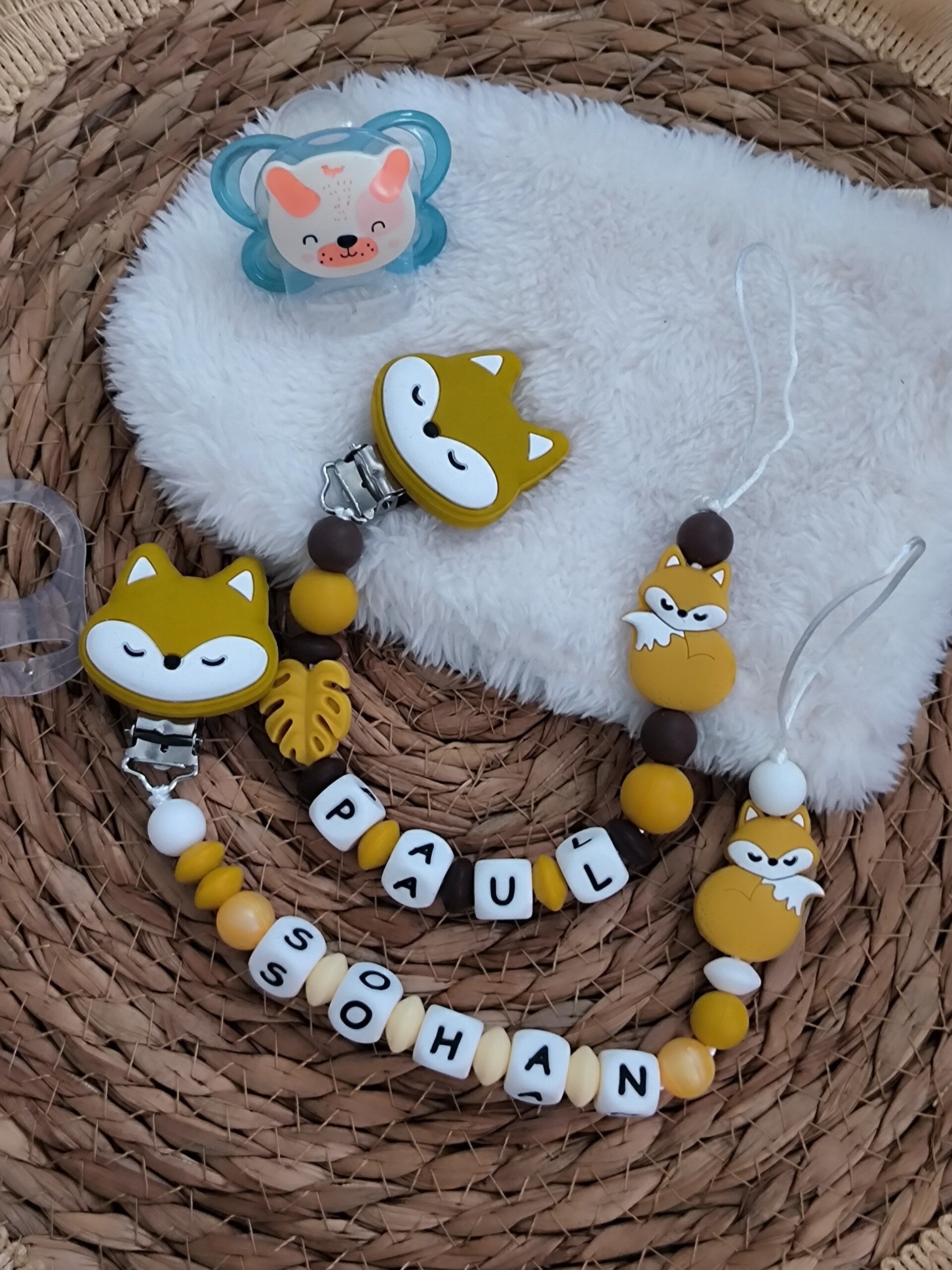 Attache tétine renard, attache sucette renard personnalisée, pacifier clip, Schnullerclip, attache tétine personnalisée prénom, attache stylos personnalisé infirmière infirmier,