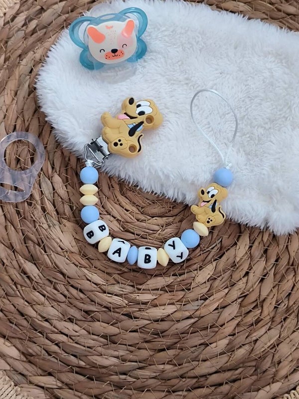 Attache tétine pluto, attache sucette pluto personnalisée, pacifier clip, Schnullerclip, attache tétine personnalisée prénom, attache stylos personnalisé infirmière infirmier,