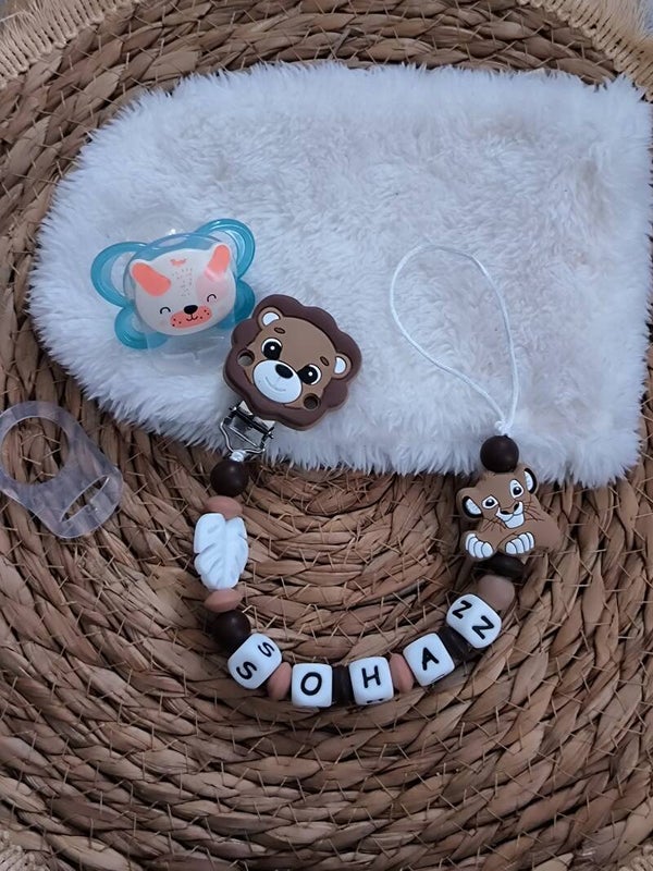 Attache tétine lion personnalisée, attache sucette lion personnalisée, pacifier clip, Schnullerclip, attache tétine personnalisée prénom, attache stylos personnalisé infirmière infirmier,