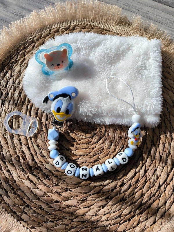 Attache tétine donald personnalisée, attache sucette donald personnalisée, pacifier clip, Schnullerclip, attache tétine personnalisée prénom, attache stylos personnalisé infirmière infirmier,