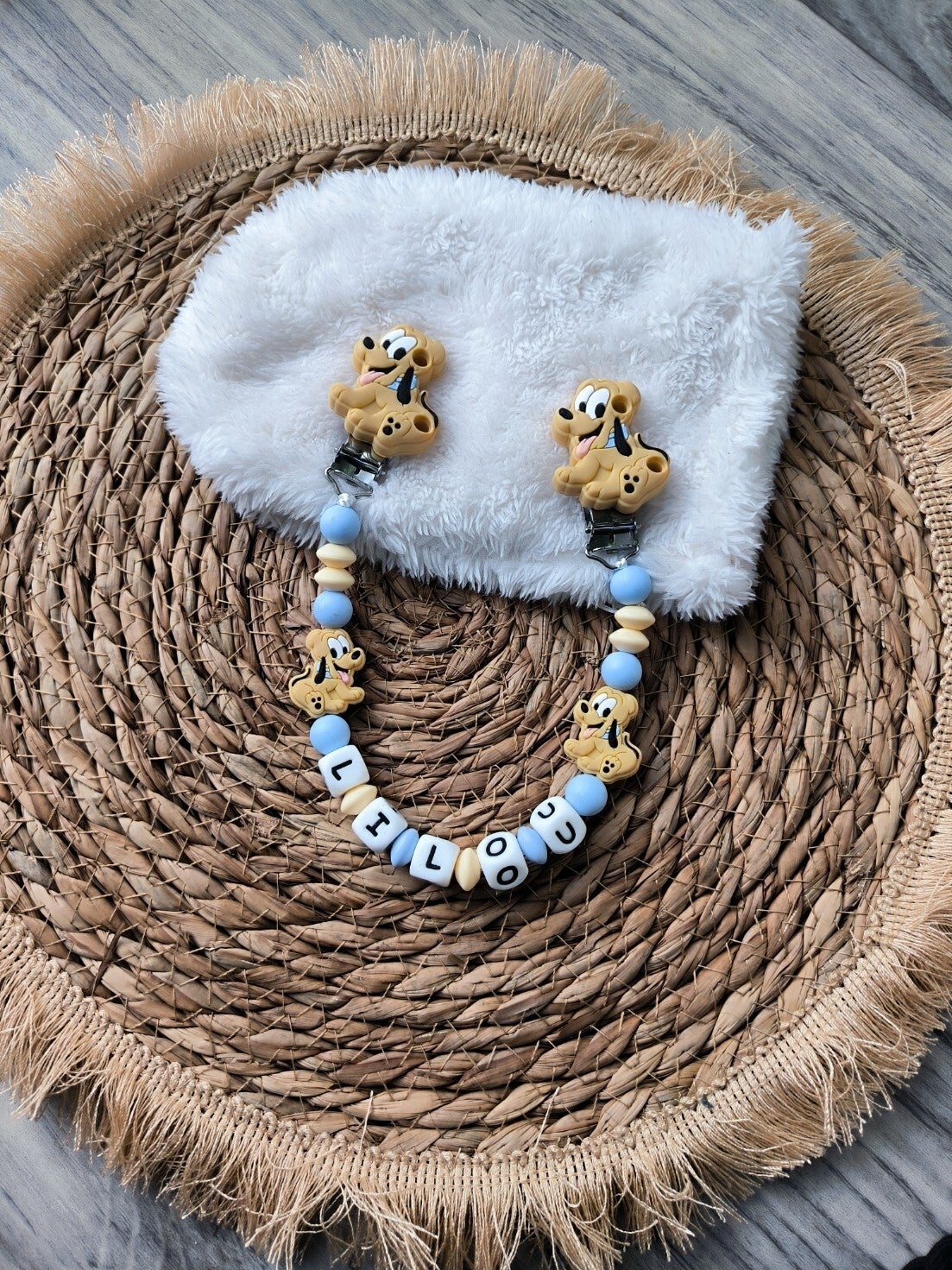 Attache doudou pluto, personalized cuddly toy clip, personalisierter kuscheltier-Clip