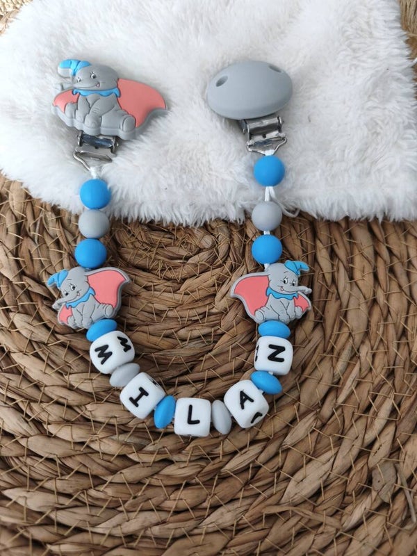 Attache doudou éléphant dumbo bleu, personalized cuddly toy clip, personalisierter kuscheltier-Clip