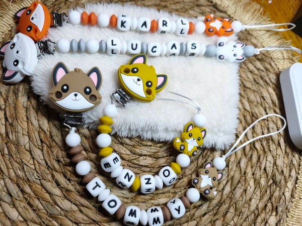 Attache tétine petit renard,  attache sucette petit renard, pacifier clip, Schnullerclip, attache tétine personnalisée prénom, attache stylos personnalisé infirmière infirmier,