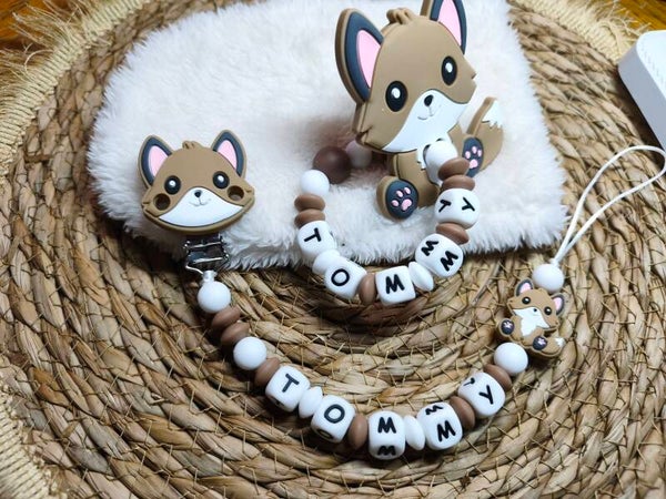 Coffret naissance petit renard, attache tétine avec hochet,  attache sucette avec hochet, cadeau bébé personnalisé prénom