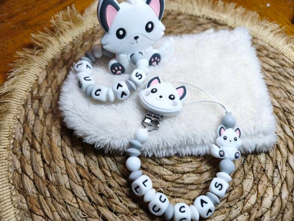 Coffret naissance petit renard, attache tétine avec hochet,  attache sucette avec hochet, cadeau bébé personnalisé prénom