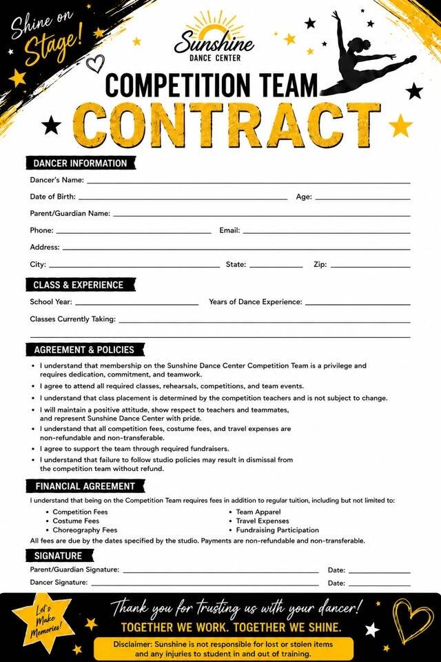 Sunshine Dance Center's Competition Team Contract