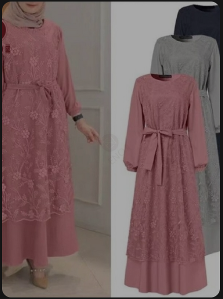 Ramadan Abaya Turkey Women O-neck Lace Long-sleeved Waist Loose Long