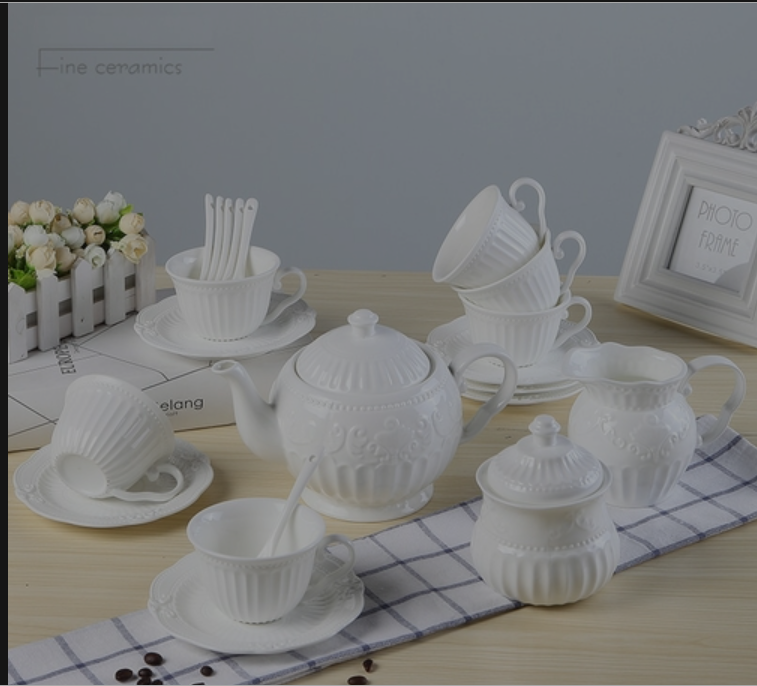 21pc set, white embossed porcelain vintage coffee set, palace court tea