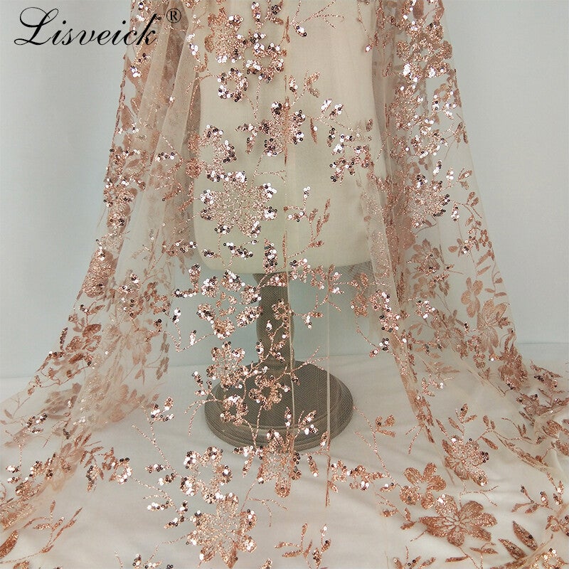New Golden Bronzing Flower Tulle Mesh Lace Sequin Embroidery Fabric