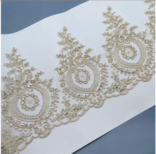 2 Yards Hot Sale Sequins Light Gold Mesh Lace Trim Luxury Embroidery