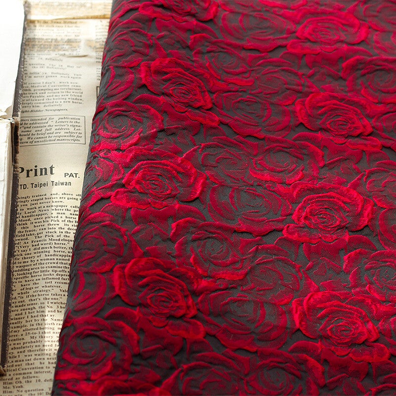 Jacquard Red Roses Fabric | Rose Embossed Fabric | Rose Fabric Dresses