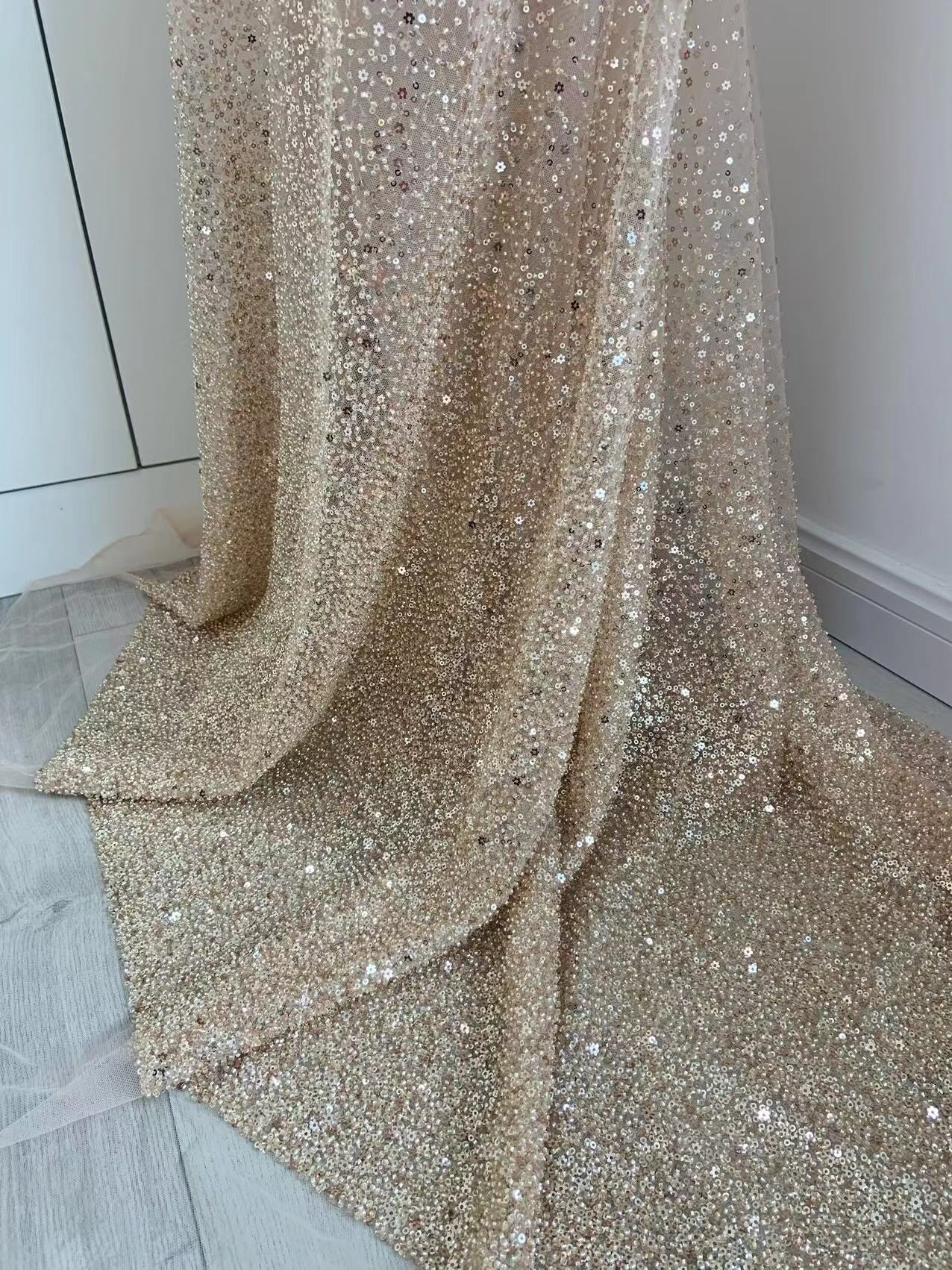 1 Yard Flower Sequins Beaded Rose Gold Tulle Lace Fabric for Wedding