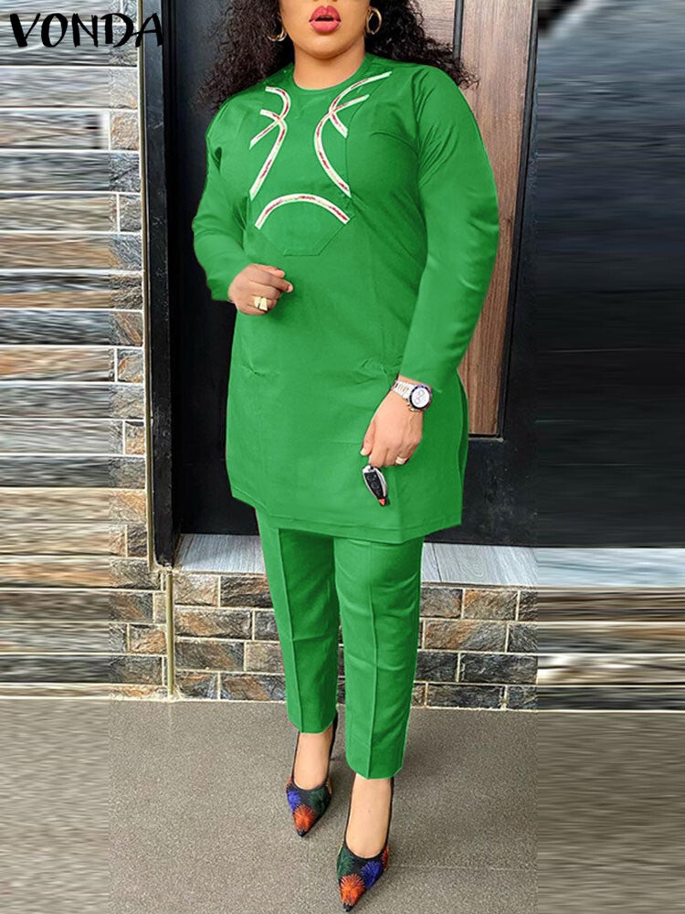 Vonda 2023 Fashion Women Vintage Printed Pant Sets Long Sleeve Long