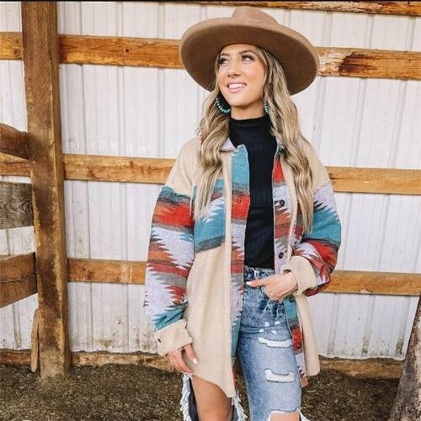 Aztec Ethnic Style Woolen Stitching Jacket Long Coat Women's