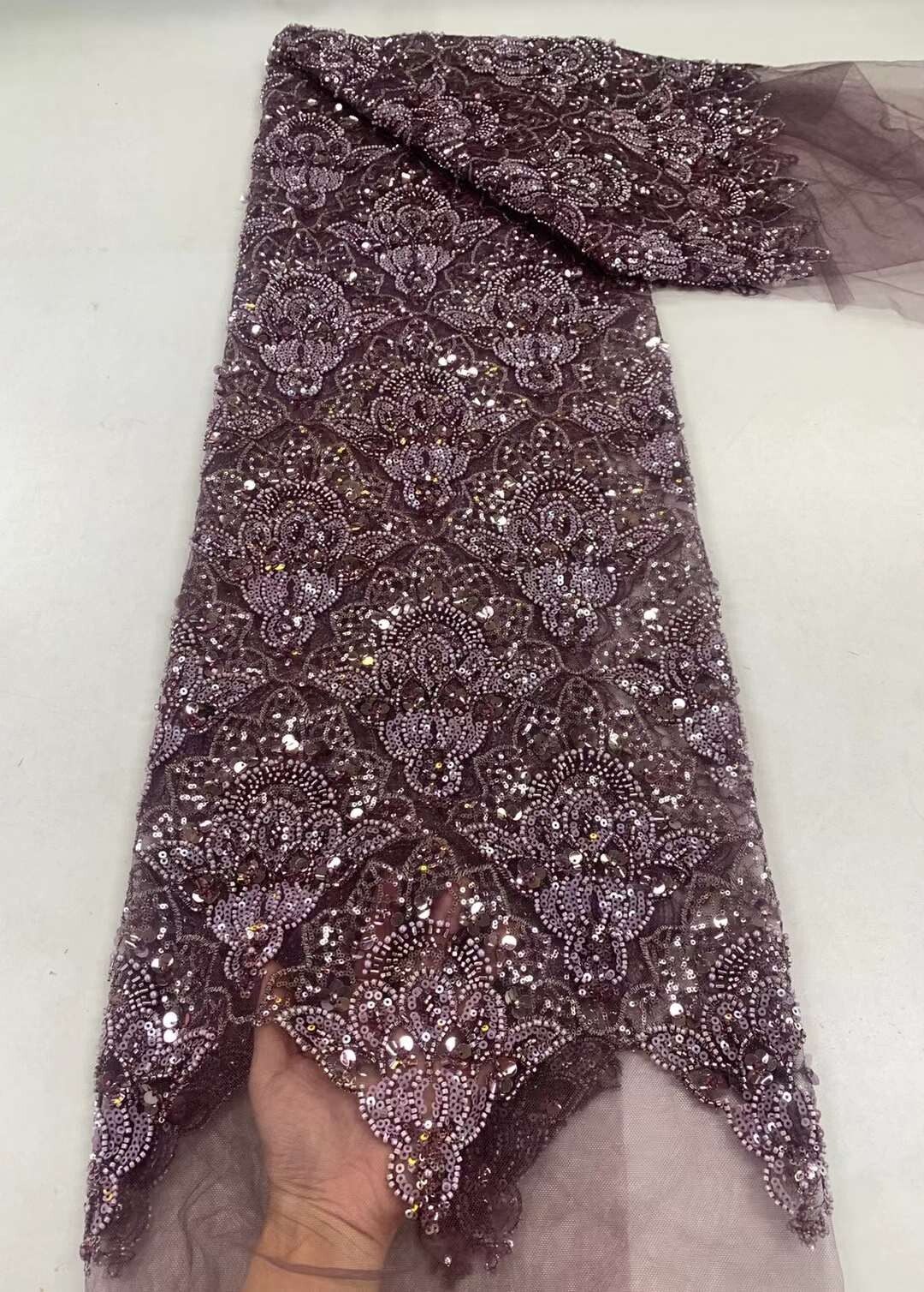 Hot Sale Light Blue Nigerian Handmade Beads Lace Fabric French Mesh