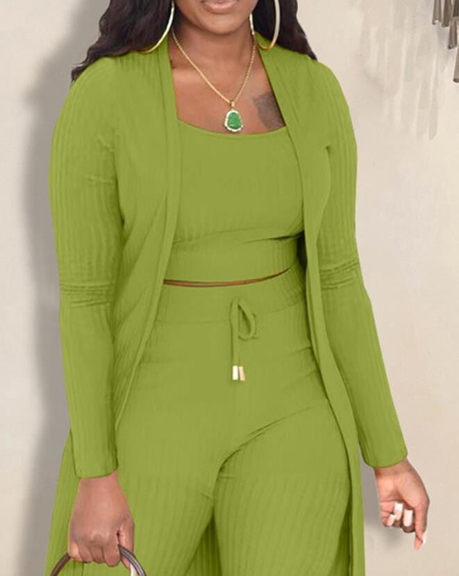 3Pcs Womens Outifits 2023 Spring Fashion Ribbed Long Sleeve Cami Top & Casual Skinny Plain Long Pants Set with Longline Coat