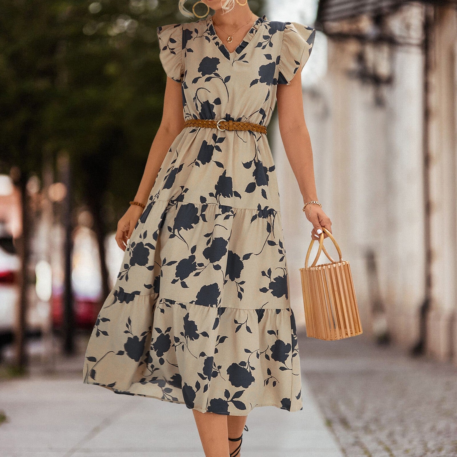 2023 Floral Print Office Elegant A line Cherry Invasion Spring Summer