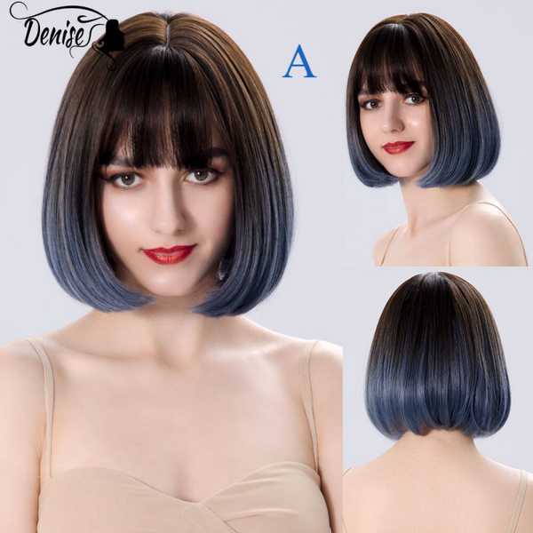 Bob Wig Straight Short Black To Blue Ombre Daily Synthetic Wigs For