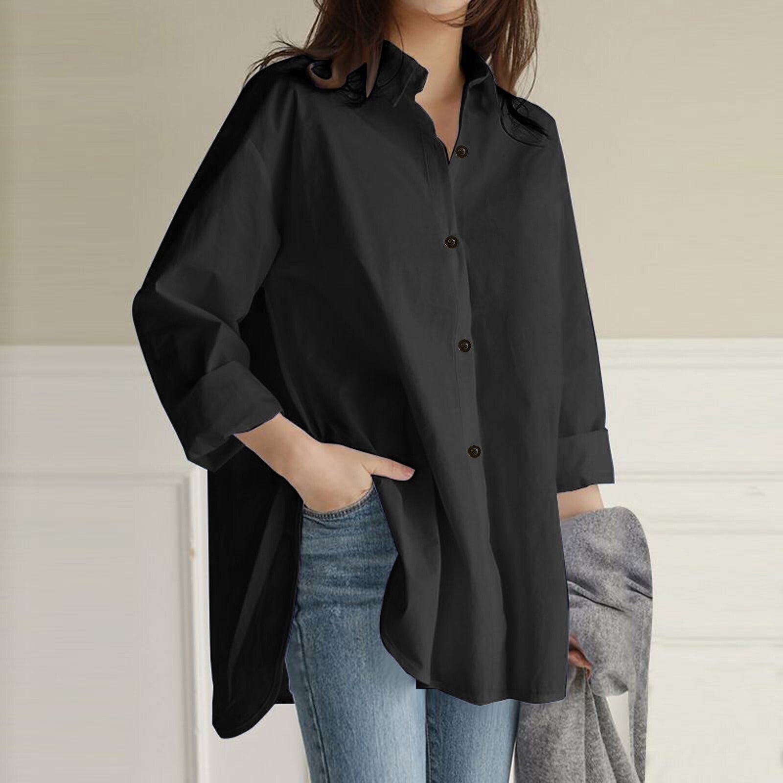 Casual Loose Long Shirt Women Solid Colour Oversize V Neck Long Sleeve