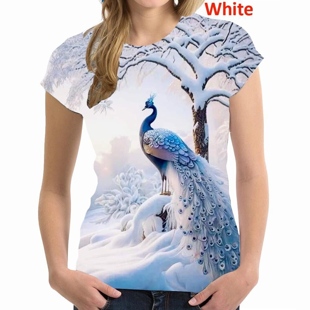 BIANYILONG Brand Summer T-Shirt Ladies O Neck Cute Peacock Print Short Sleeve Comfortable Sports Top