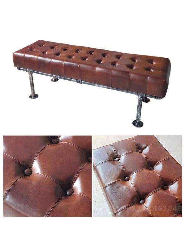 4.3ft Vintage Industrial Leather Iron Stool Ottoman Door Side Long