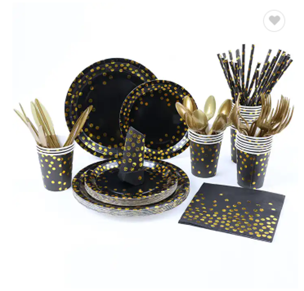 Black Printed Gold Dot Foil Dinnerware Dessert Dinner Paper Plates