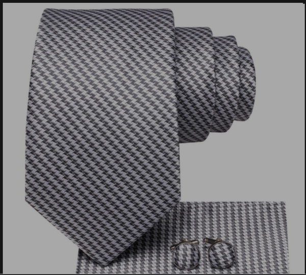ACCHINGE Striped Grey White Silk Tie For Men Handky Cufflink Gift Mens Necktie
