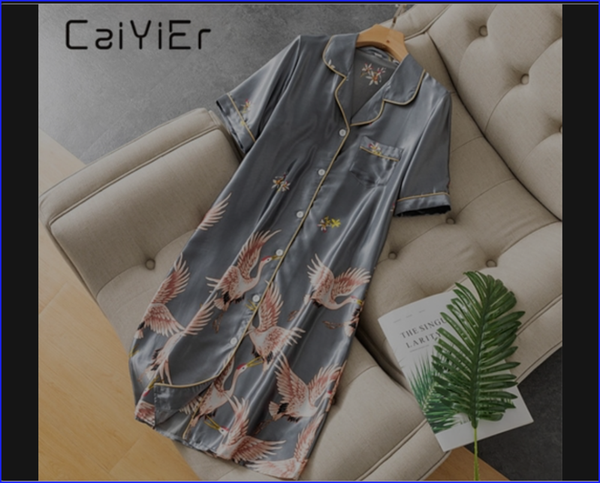 Caiyier Silk Nightdress Short Sleeve Casual Nightgowns