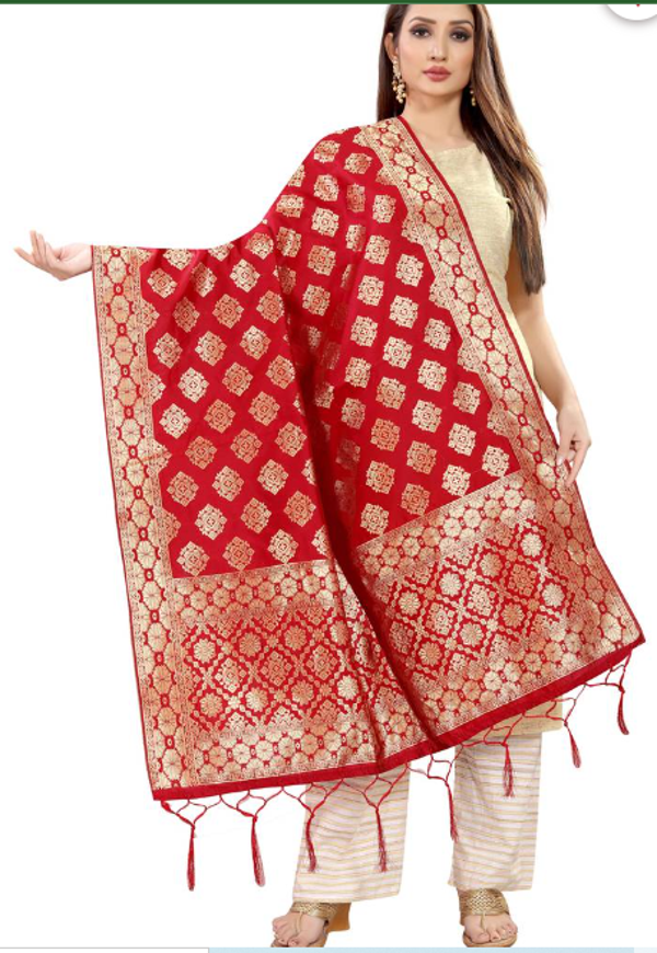 RED BANARASI SILK JACQUARD WOVEN DUPATTA