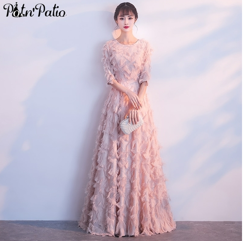 Feather Lace Pink Evening Dresses Long 2021
