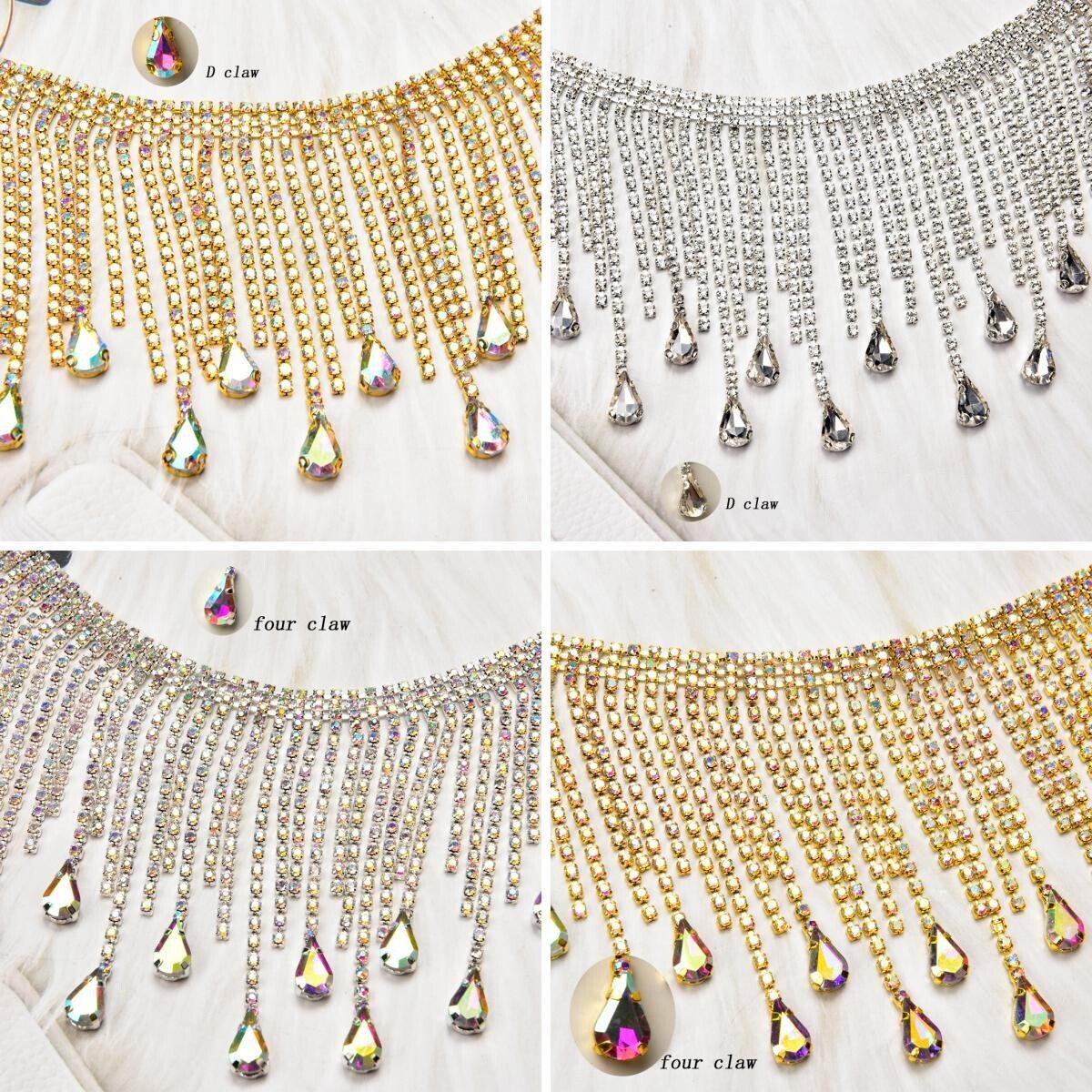 Glitter Glass Rhinestone Trim Water Drop Chain Tassel Fringe Metal
