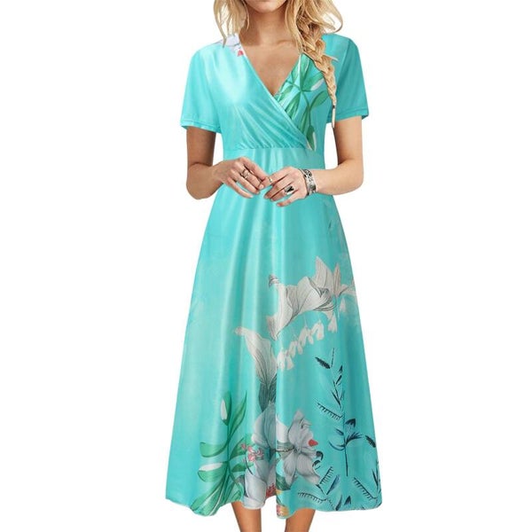 Summer New Floral Print Women's Vest Dress Casual O & V Neck Short Sleeve