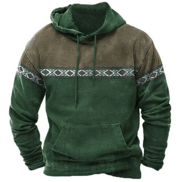 Vintage Men's Hoodies Casual Ethnic Printed Hooded Sweatershirt Winter