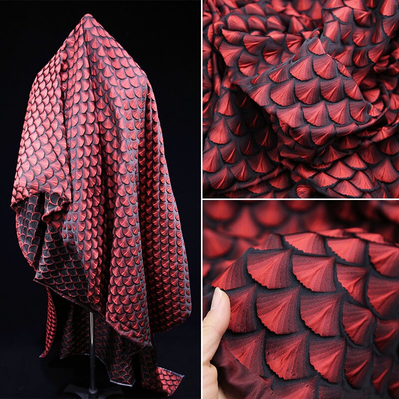 3d Embossed Red Scales Brocade Satin Fabric Scalloped Texture Jacquard