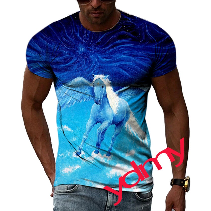 Tide Fashion Summer Magic White Horse Picture Men's T-shirt Casual Print Tees Hip Hop Personality Round Neck Short Sleev Tops