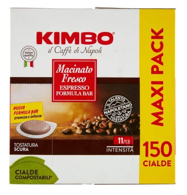 Kimbo Macinato Fresco Espresso Formula Bar – 150 cialde compostabili ESE, tostatura scura (formato maxi