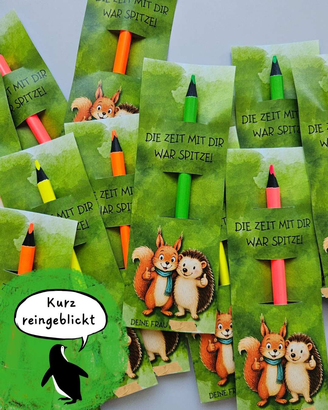 Gruppe Igel und Eichhörnchen Abschiedsgeschenk Bleistift oder Farbstift
